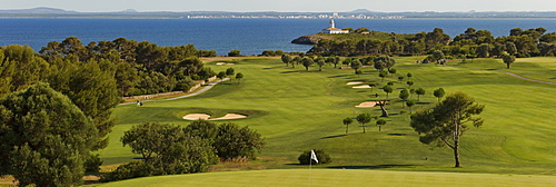 View of golf course at the coast, Club de Golf Alcanada, Isla d'Alcanada, Mallorca, Balearic Islands, Spain, Europe