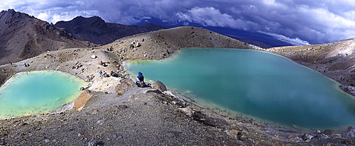 Tongariro Crossing Hiker at Emerald Lakes, Tongariro National Park, North Island, New Zealand