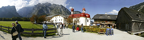 Panoramic view of St. Bartholomae, Lake Koenigsee, Berchtesgadener Land, Bavaria, Germany