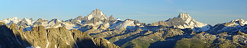 Panorama of the Bernese Alps with view to Finsteraarhorn, Lauteraarhorn and Schreckhorn, UNESCO World Heritage Site Swiss Alps Jungfrau-Aletsch, Gotthard range, Ticino, Switzerland