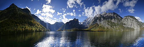 View over lake Konigssee to Watzmann massif, Berchtesgadener Land, Upper Bavaria, Germany