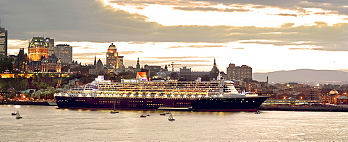 Queen Mary II Cruise Ship, Chateau Frontenac in background, Quebec City.