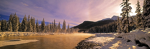 Winter Sunset on Bow River, Banff National Park, Alberta, Canada