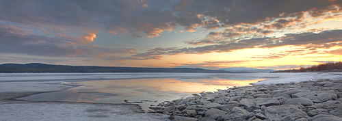 Sunset over the ice of Teslin Lake, Yukon