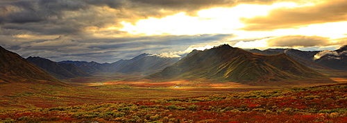 Panoramic image of late afternoon sunlight shining between storm clouds on the fall colours along the Dempster Highway, Yukon