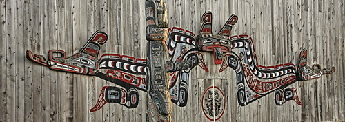 West coast First Nation carvings and designs, Fort Rupert, Vancouver Island, British Columbia