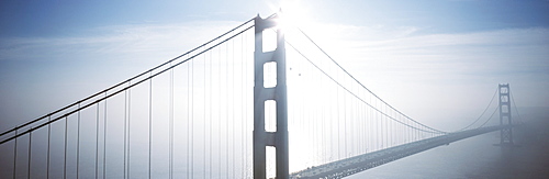 California, San Francisco, Golden Gate Bridge in foggy morning light.