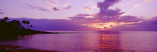 Hawaii, Maui, Kapalua Beach, Purple sunset over ocean.