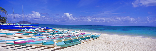 Many outrigger canoes lined up on sand along shoreline turquoise ocean panoramic 