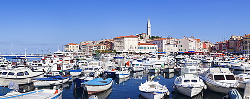 Panoramic image of the harbour and the old town with the cathedral of St. Euphemia, Rovinj, Istria, Croatia, Adriatic, Europe