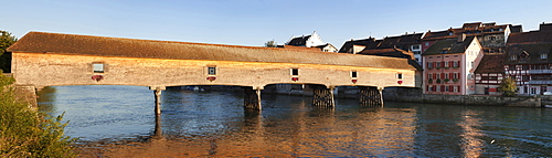 Panoramic image of the historic wooden bridge over the Rhine River, Diessenhofen, Canton Schaffhausen, Switzerland, Europe