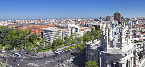 View from Palacio de Comunicaciones over Plaza de la Cibeles square at Madrid, Spain, Europe