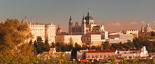 Royal Palace (Palacio Real) and Almudena Cathetral (Santa Maria la Real de La Almudena) at sunset, Madrid, Spain, Europe