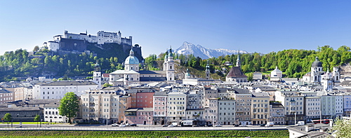 High angle view of the Old Town, UNESCO World Heritage Site, with Hohensalzburg Fortress, Dom Cathedral and Kappuzinerkirche Church, Salzburg, Salzburger Land, Austria, Europe