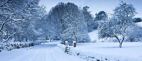 Traditional snow scene in a country lane in The Cotswolds, Swinbrook, Oxfordshire, United Kingdom