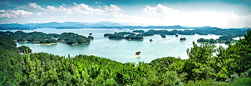 A panoramic view on the islands of Qiandaohu (Thousand Islands) Lake, Chunan, Zhejiang, China, Asia