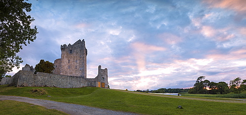 Panoramic of Ross Castle, Killarney National Park, County Kerry, Munster, Republic of Ireland, Europe