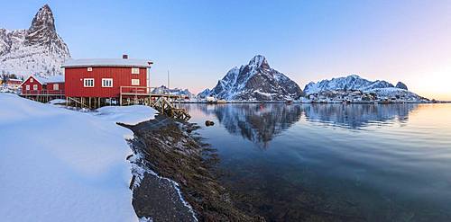 Panoramic of Reine Bay at sunrise, Lofoten Islands, Nordland, Norway, Europe