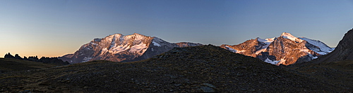 Panorama of Levanne mountains and Aiguille Rousse at sunrise, Gran Paradiso National Park, Alpi Graie (Graian Alps), Italy, Europe