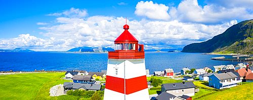 Aerial panoramic of high section of Alnes Lighthouse, Godoya Island, Alesund, More og Romsdal County, Norway (drone)