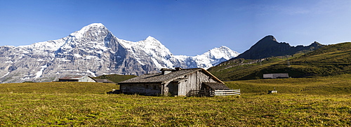 Panoramic view of wood hut with Mount Eiger in the background, Grindelwald, Bernese Oberland, Canton of Bern, Swiss Alps, Switzerland, Europe