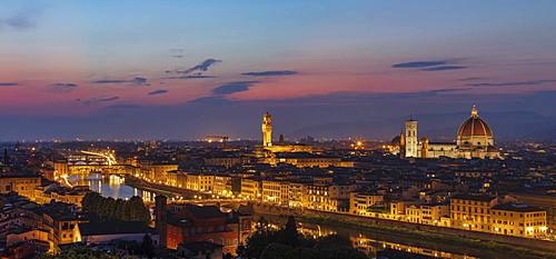 Panorama of the Florence skyline at dusk with the Palazzo Vecchio, Duomo and Campanile extending above the horizon, Florence, UNESCO World Heritage Site, Tuscany, Italy, Europe