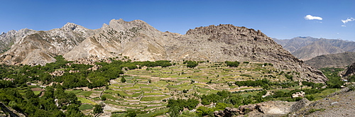 A village and terraced fields of wheat and potatoes in the Panjshir valley, Afghanistan, Asia