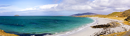 Panoramic view of Prince's Beach (Coileag a' Prionnnsa), island of Eriskay, Outer Hebrides, Scotland, United Kingdom, Europe