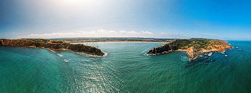 Aerial panoramic view of entrance to scallop-shell shaped bay at Sao Martinho do Porto, Portugal, Europe