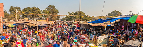 Panorama image of the market outside the Jama Masjid, New Delhi, India, Asia