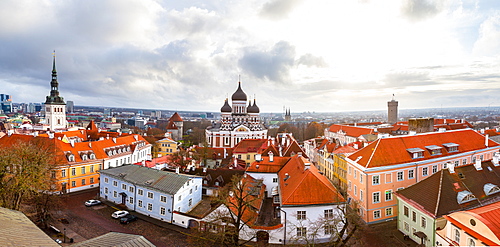 Toompea hill with Russian Orthodox Alexander Nevsky Cathedral, Niguliste church and Pikk Herman tower, Tallinn, Estonia, Europe