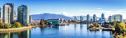 Panorama view of False Creek, Vancouver skyline, World of Science Dome, BC Place, Vancouver, British Columbia, Canada, America