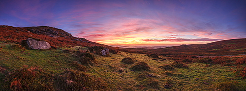 Twilight panorama of slopes below Saddle Tor with mist in the Teign Valley, Dartmoor National Park, Bovey Tracey, Devon, England, United Kingdom, Europe