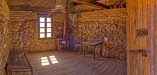 A panorama of the historic cabin of Henry Wickenburg, who founded the Arizona town with the same name in the late 1800s, Wickenburg, Arizona, United States of America, North America