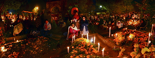 Panoramic view of the Atzompa graveyard during the celebration of Day of the Dead, Atzompa, Oaxaca, Mexico, North America