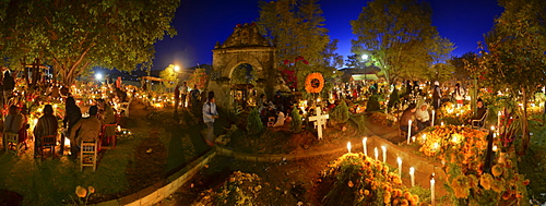 Panoramic view of the Atzompa graveyard during the celebration of Day of the Dead, Atzompa, Oaxaca, Mexico, North America