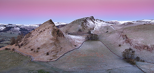 Panoramic image of dawn over Parkhouse Hill and Chrome Hill in winter, Peak District National Park, Derbyshire, England, United Kingdom, Europe