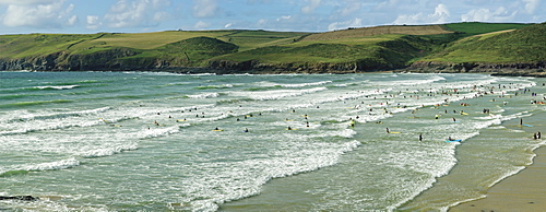 Surfers at Polzeath, Hayle Bay and the Cornish coast, Cornwall, England, United Kingdom, Europe