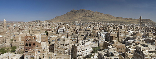 View across Old City of traditional tall brick-built houses, Sana'a, UNESCO World Heritage Site, Yemen, Middle East