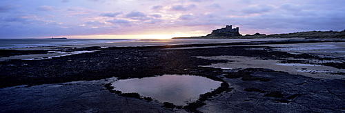 Bamburgh castle at sunrise, Bamburgh, Northumberland, England, United Kingdom, Europe