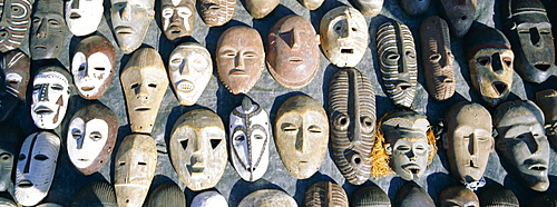 Carved wood masks in street market, Swakopmund, Namibia, Africa