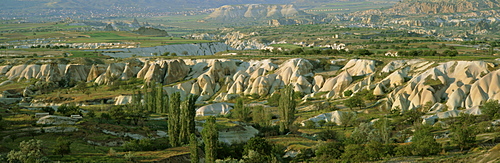 Panoramic view of tufa formations near the town of Uchisar, Cappadocia, Anatolia, Turkey, Asia Minor, Asia