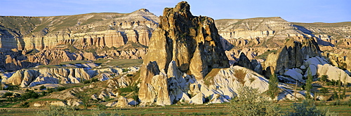 Panoramic view of volcanic landscape near the village of Cavusin, near Goreme, Cappadocia, Anataolia, Turkey, Asia Minor, Asia