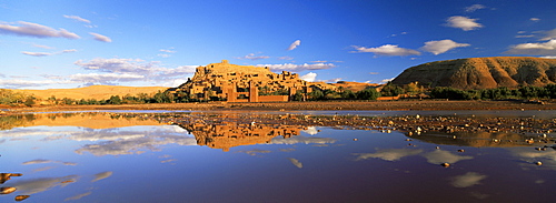 Reflections of kasbah in river, Kasbah Ait Benhaddou, UNESCO World Heritage Site, near Ouarzazate, Morocco, North Africa, Africa