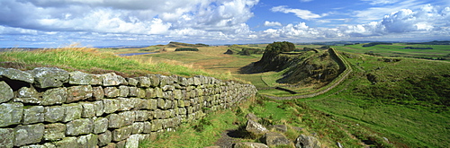 View along Hadrian's Wall from Hotbank Crags, UNESCO World Heritage Site, near Hexham, Northumberland, England, United Kingdom, Europe