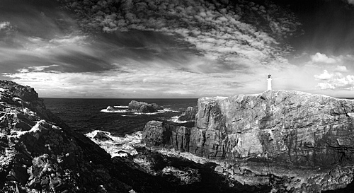 Infrared image of lighthouse and coastal cliffs at Butt of Lewis, Isle of Lewis, Outer Hebrides, Scotland, United Kingdom, Europe