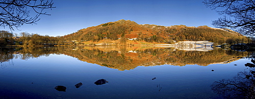 Panoramic winter view across Loughrigg Tarn with reflections, near Ambleside, Lake District National Park, Cumbria, England, United Kingdom, Europe