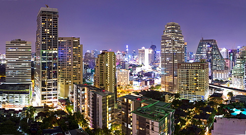 Panoramic view of Bangkok at night from Rembrandt Hotel and Towers, Sukhumvit 18, Bangkok, Thailand, Southeast Asia, Asia