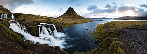 Panoramic view of Kirkjufell (Church Mountain) and mountain stream, Grundafjordur, Snaefellsnes Peninsula, Iceland, Polar Regions