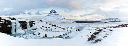 Panoramic winter view of Kirkjufell (Church Mountain), Grundafjordur, Snaefellsnes Peninsula, Iceland, Polar Regions